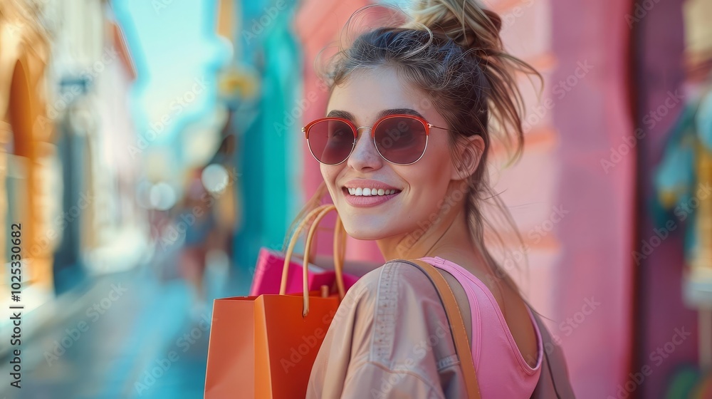 Smiling woman holding shopping bags sunglasses bright day colorful urban background fashion Smiling woman holding shopping bags sunglasses bright day colorful urban background fashion