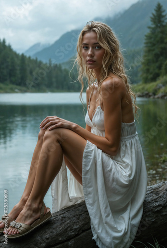 A beautiful woman was going for a walk by the lake but got caught in the rain