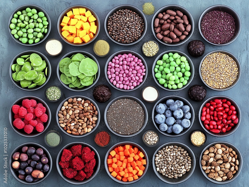 A vibrant assortment of various seeds, berries, and legume arranged in bowls showcasing a colorful healthy food selection on a rustic surface. A vibrant assortment of various seeds, berries, and legume arranged in bowls showcasing a colorful healthy food selection on a rustic surface.