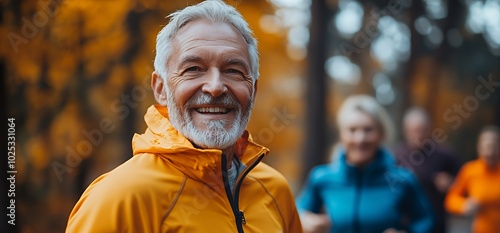 Happy senior man in a yellow jacket smiling in the autumn forest.