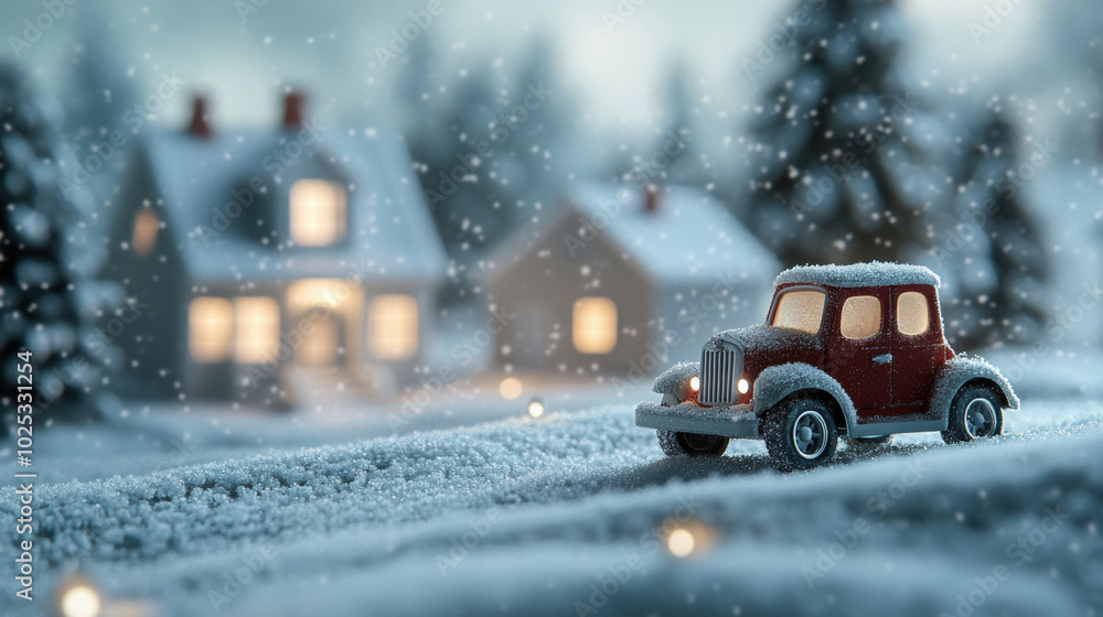 charming red toy car is parked on snowy road, surrounded by winter wonderland of snow covered houses and trees. scene evokes cozy, festive atmosphere charming red toy car is parked on snowy road, surrounded by winter wonderland of snow covered houses and trees. scene evokes cozy, festive atmosphere