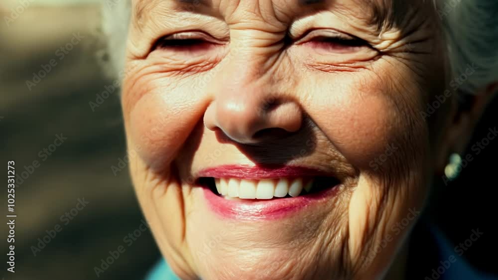 Close-up of a happy elderly woman smiling warmly, showing her joy and contentment. The wrinkles on her face tell a story of experience and a life well-lived. Close-up of a happy elderly woman smiling warmly, showing her joy and contentment. The wrinkles on her face tell a story of experience and a life well-lived.