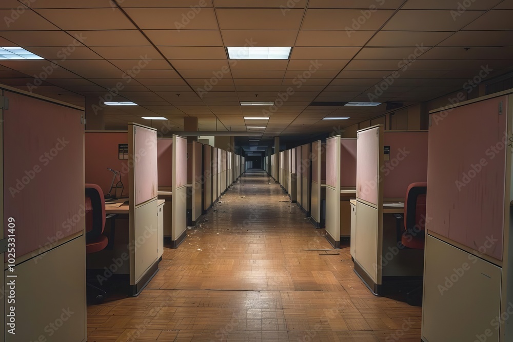 Wide shot of deserted office cubicles at night dim lights eerie stillness reflective surfaces Wide shot of deserted office cubicles at night dim lights eerie stillness reflective surfaces