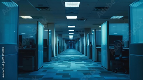 Wide shot of empty office cubicles at night low ambient lighting calm and quiet scene photo