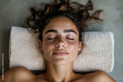 A serene young woman, resting with closed eyes on a soft white towel, lying on a smooth surface, embracing a moment of tranquility and relaxation. photo