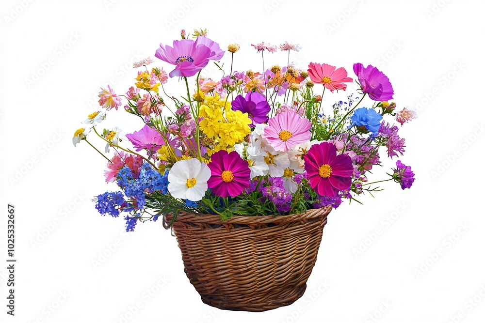 Basket of Bright Flowers overflowing with colorful blooms, isolated on a white background, perfect for cheerful designs Basket of Bright Flowers overflowing with colorful blooms, isolated on a white background, perfect for cheerful designs