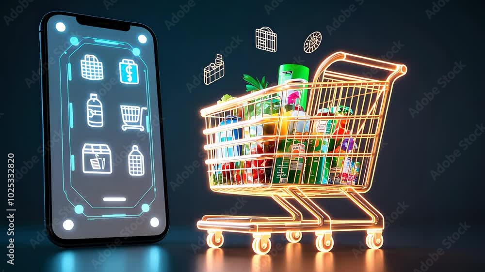 Digital Shopping Cart with Groceries and Smartphone App Digital Shopping Cart with Groceries and Smartphone App