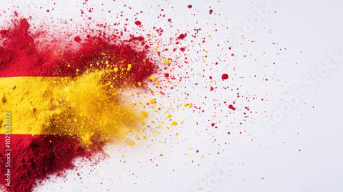 Stylized Spanish flag on white background. Spain flag shape made of red and yellow powder colored powder splash