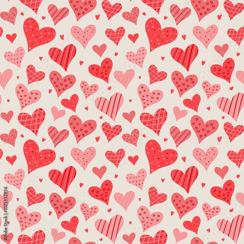 seamless pattern with pink and red hearts with ornaments. Valentine’s Day 