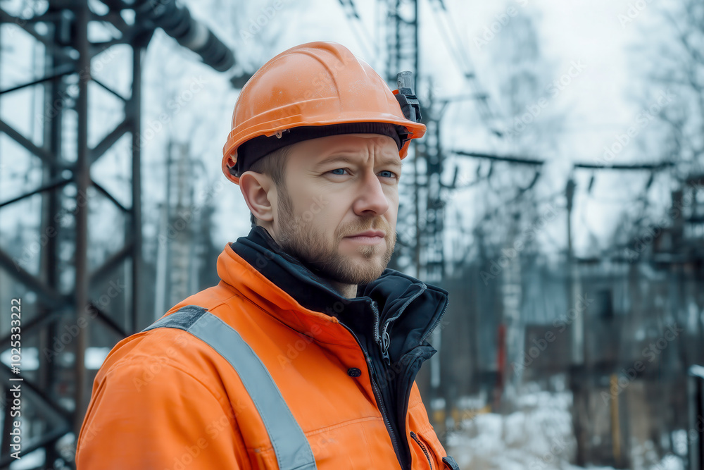A man in a helmet and uniform, an electrician in the field. Professional electrician engineer inspects power lines during work A man in a helmet and uniform, an electrician in the field. Professional electrician engineer inspects power lines during work