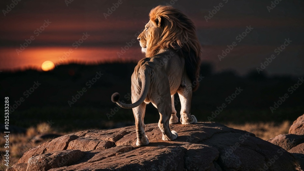 Lion on Rocky Outcrop at Sunset in Golden Hour Cinematic Wildlife Photography Lion on Rocky Outcrop at Sunset in Golden Hour Cinematic Wildlife Photography
