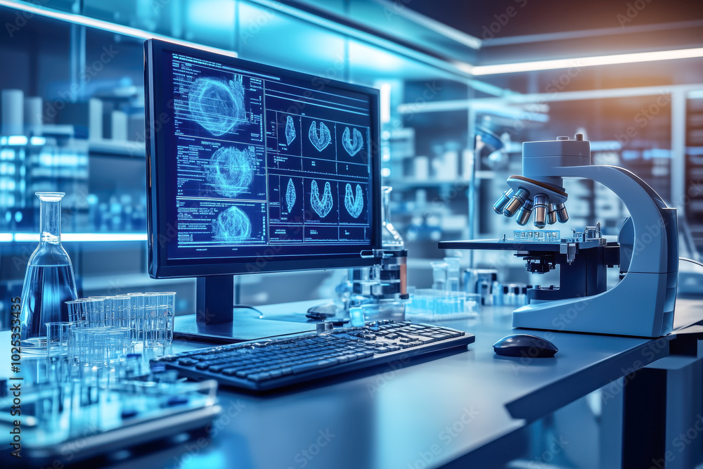 Fototapeta premium A medical research laboratory where scientists use AI algorithms to analyze genetic data and develop personalized treatments for patients with complex diseases