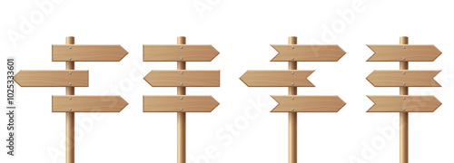 Realistic Wooden Sign Post Set. Realistic Blank Road Signboard. Plywood Pointer, Timber, Directional Sign Design Template, Front View. Vector Illustration in 3D Style