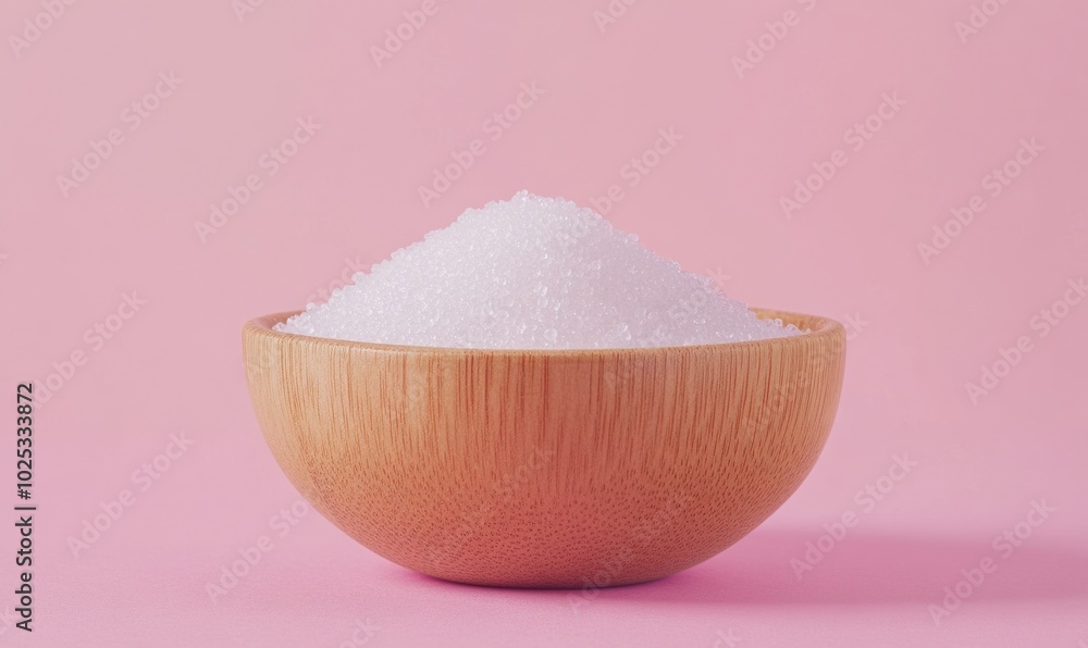Natural sweetener in a wooden bowl on a pink background. Sugar substitute. Erythrito Natural sweetener in a wooden bowl on a pink background. Sugar substitute. Erythrito