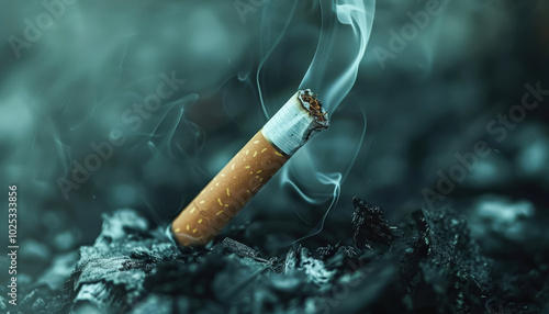 Cigarette is lit and smoking, with the smoke rising into the air. Concept of danger and harm, as smoking is known to cause health problems and is a leading cause of preventable death photo