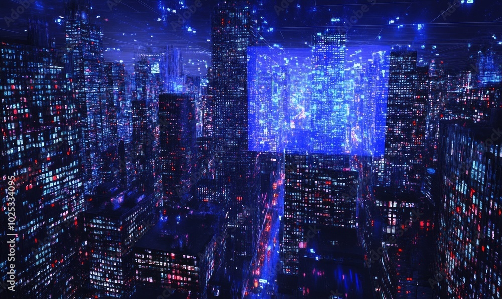 Night city panorama with network hologram Night city panorama with network hologram