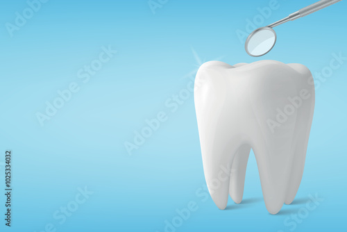 Vector 3D Realistic Tooth and Dental Mirror for Teeth Closeup Isolated on Blue Background. Medical Dentist Tool. Design Template, Clipart, Mockup. Dentistry, Healthcare, Hygiene Concept
