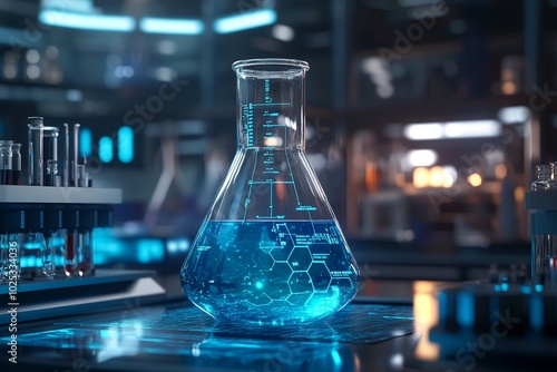 Chemistry lab flask filled with blue liquid, modern science tools, seamless digital interaction, future of chemistry technology