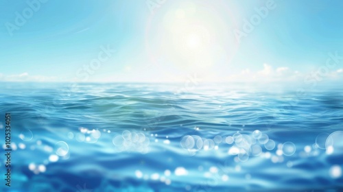 Serene Sea Background: Sun, Bokeh, and Clear Sky with Calm Water, Perfect for Cruise and Vacation-Themed Illustrations