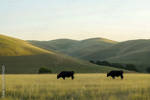 A peaceful countryside scene with grazing cows and rolling hills photo