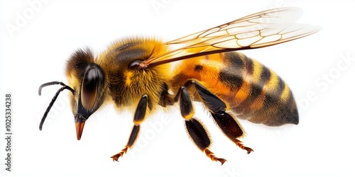 This image shows a close-up of a bee in detail. The vibrant colors highlight its wings and body. Perfect for nature enthusiasts or educational materials about pollinators. AI