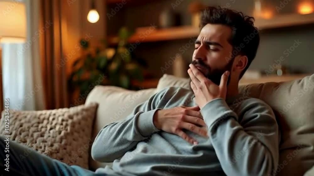 A young Muslim man reclining on a cozy couch at home, holding his chest with one hand to show that he is in great discomfort. He is obviously distressed. A young Muslim man reclining on a cozy couch at home, holding his chest with one hand to show that he is in great discomfort. He is obviously distressed.