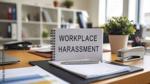 Wallpaper Mural A workspace highlighting the topic of workplace harassment with a notepad display. Torontodigital.ca