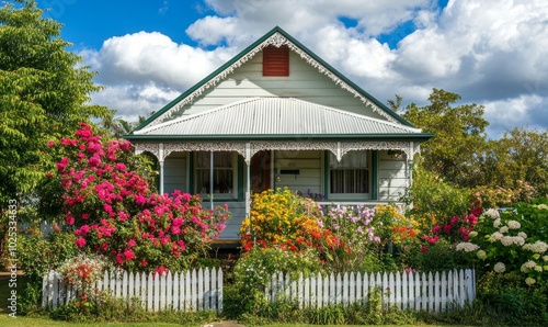 old Queenslander style house in Brisbane suburbs with an overgrown garden on a sunny day photo