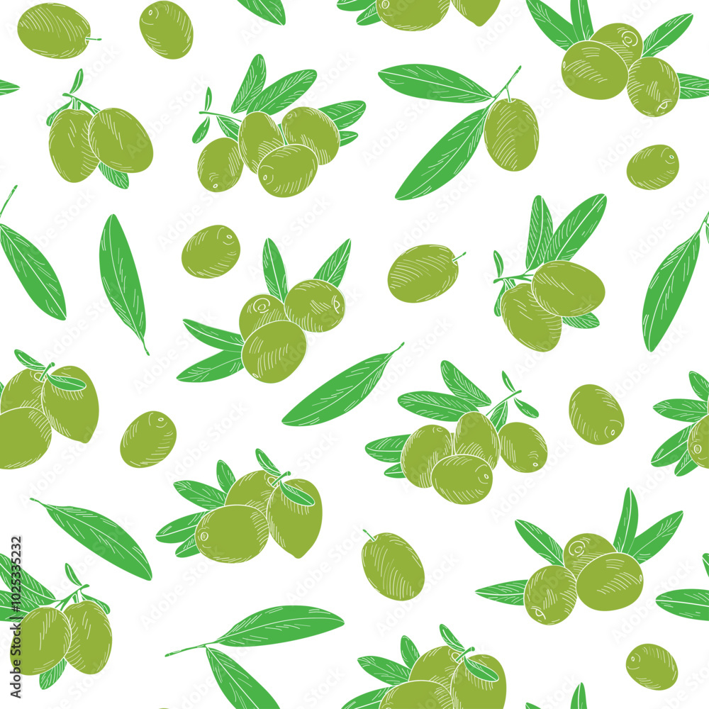 Seamless endless pattern of olives. Illustration in hand drawn style. Can be used to create packaging, covers, backgrounds, cards, textiles, clothing, souvenirs and much more. Seamless endless pattern of olives. Illustration in hand drawn style. Can be used to create packaging, covers, backgrounds, cards, textiles, clothing, souvenirs and much more.