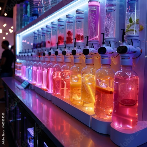 A hightech hydration bar with robotic drink dispensers and neoninfused electrolytes, promoting recovery photo