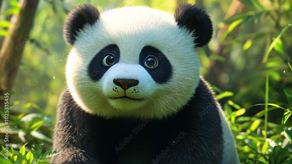 A cute panda cub sitting among lush greenery in a vibrant forest setting. A cute panda cub sitting among lush greenery in a vibrant forest setting.