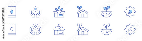 Ecology icon set in two styles, Duotone and Thin Line style. Editable stroke. eco packaging, package, plant, eco house, eco factory, sun