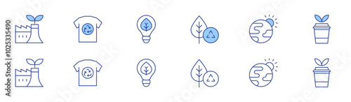 Ecology icon set in two styles, Duotone and Thin Line style. Editable stroke. eco, recycling, coffee cup, eco factory, greenhouse effect, clothes