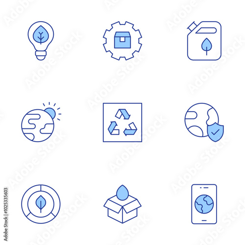 Ecology icons set. Line Duotone style, editable stroke. box, eco, ecologism, eco friendly, eco fuel, greenhouse effect, supply, phone, recycle