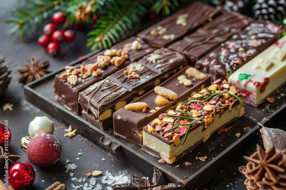 Christmas Nougats Assorted Chocolate Flavors on a Festive Tray for Celebrations and Holiday Desserts and Sweets Christmas Nougats Assorted Chocolate Flavors on a Festive Tray for Celebrations and Holiday Desserts and Sweets