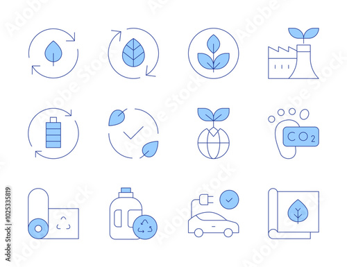 Ecology icons. Line Duotone style, editable stroke. electric car, eco packaging, eco, earth, carbon footprint, non toxic, ecology, eco factory, detergent, recycling, recycle, leaf