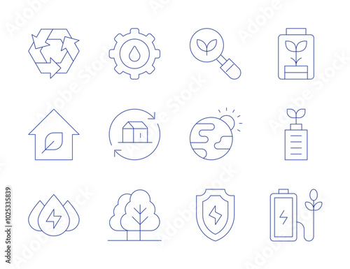 Ecology icons. Thin Line style, editable stroke. eco battery, house, hydraulic energy, save energy, ecology, trees, greenhouse effect, recycling, water system