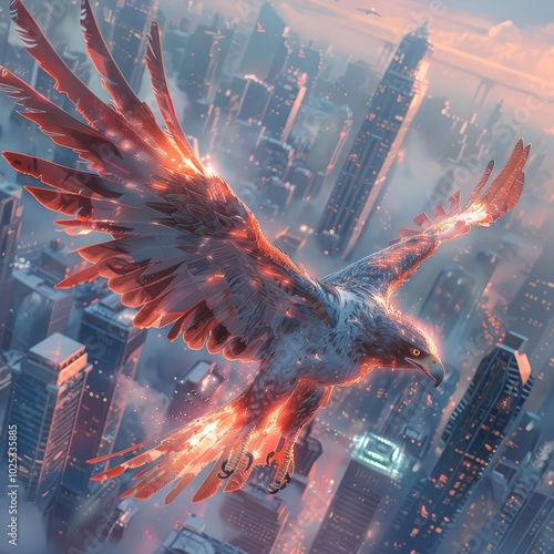 A majestic eagle with feathers made of light, soaring over a futuristic cityscape photo