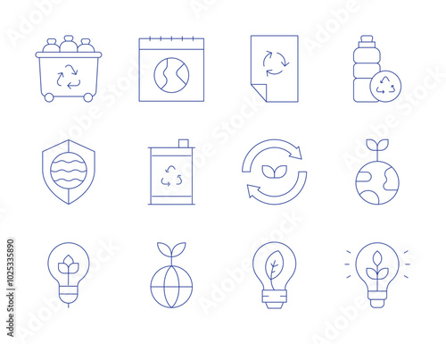 Ecology icons. Thin Line style, editable stroke. ecology, bio, sustainability, calendar, sustainable energy, garbage can, plastic bottle, paper recycle, safe, eco friendly, green energy