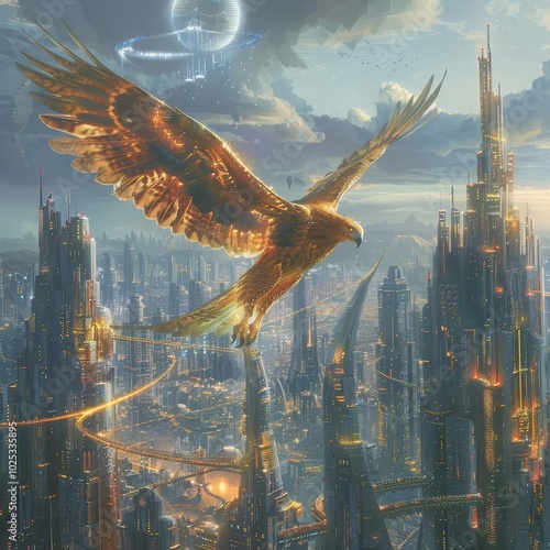 A majestic eagle with feathers made of light, soaring over a futuristic cityscape photo