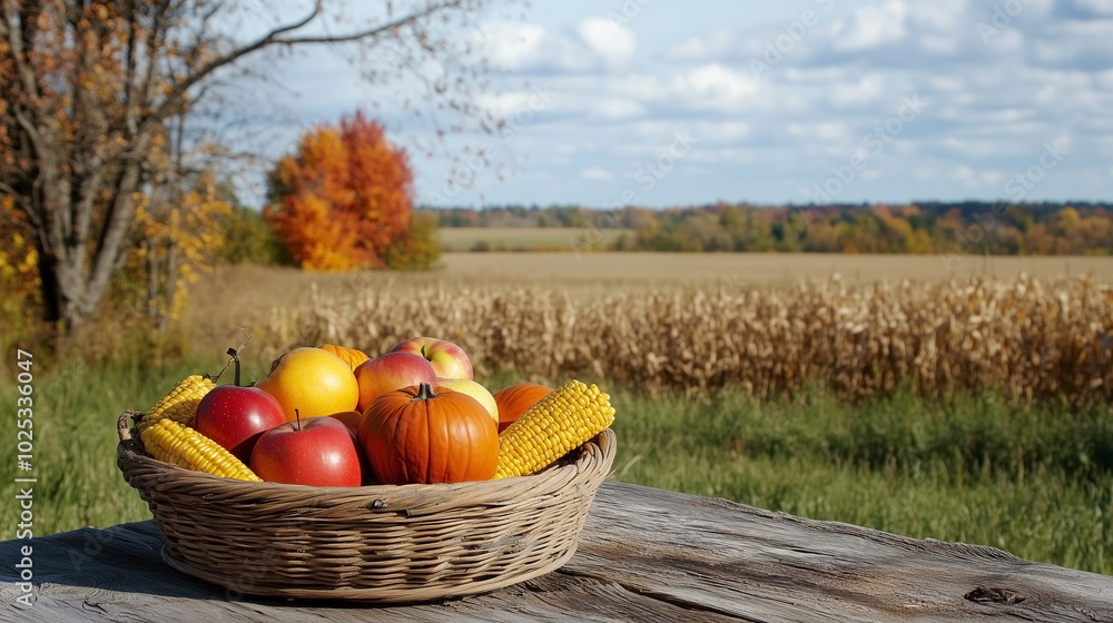 Basket with ripe autumn harvest on wooden table against background of field on sunny day. Thanksgiving Day. Copy space. Basket with ripe autumn harvest on wooden table against background of field on sunny day. Thanksgiving Day. Copy space.