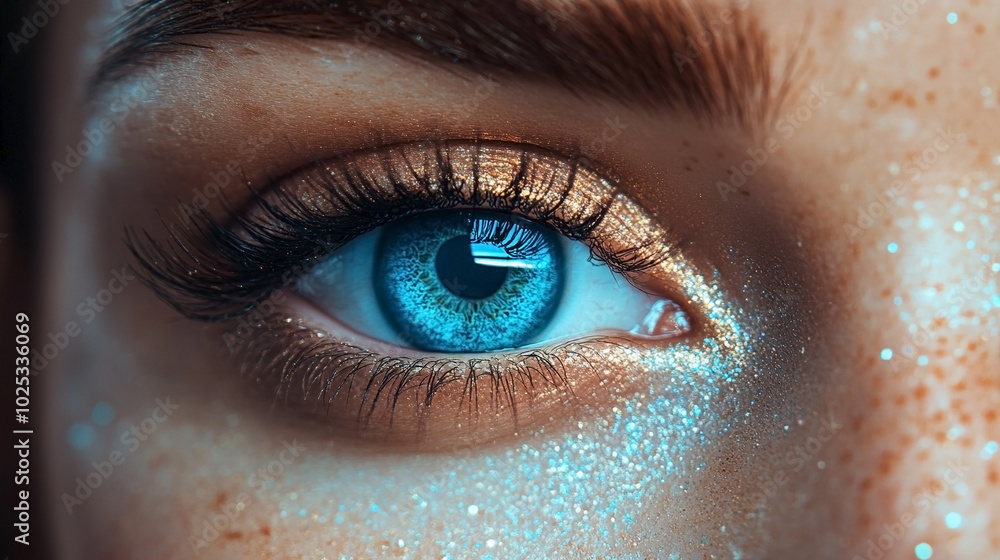 Beautiful blue female eye with glitter makeup. Close-up. Beautiful blue female eye with glitter makeup. Close-up.