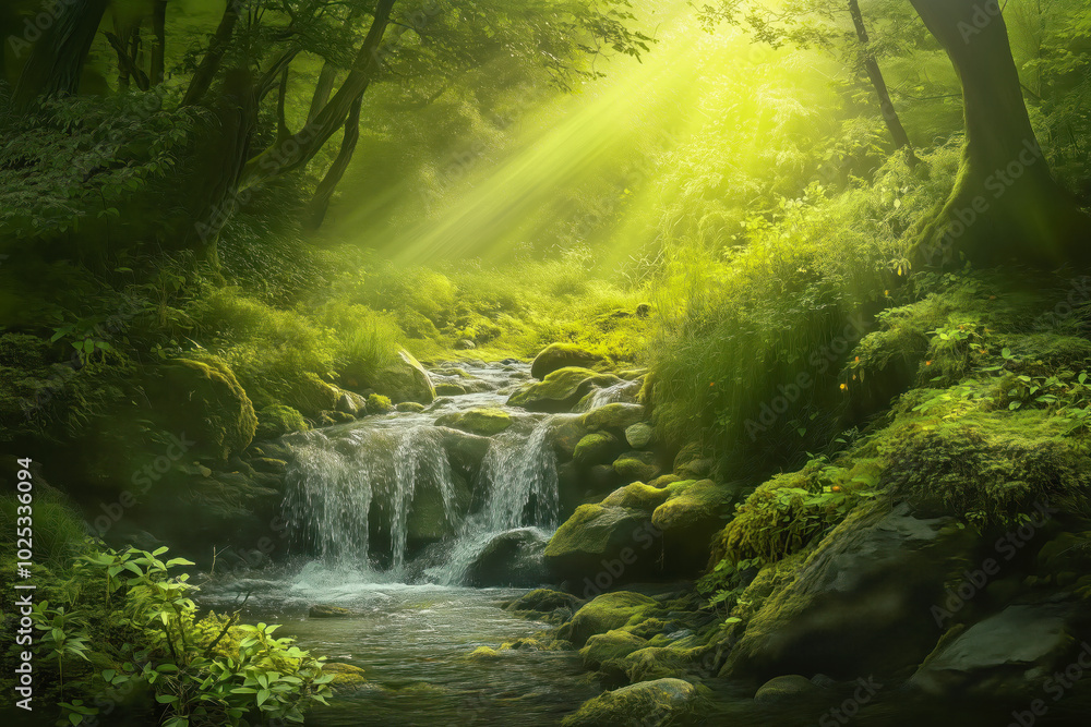 A picturesque waterfall hidden deep within a lush forest A picturesque waterfall hidden deep within a lush forest