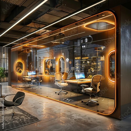 A modern business incubator with interactive digital labs and holographic mentoring spaces, fostering innovation