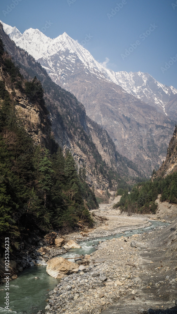 The landscape on the Annapurna Circuit hiking route in Nepal The landscape on the Annapurna Circuit hiking route in Nepal