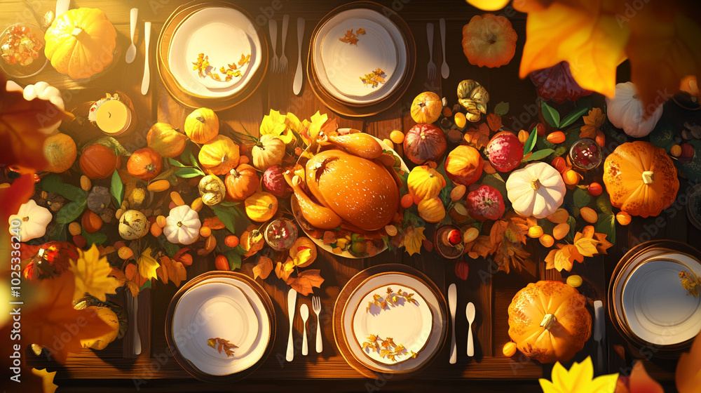 Table setting for Thanksgiving dinner. Top view. Table setting for Thanksgiving dinner. Top view.