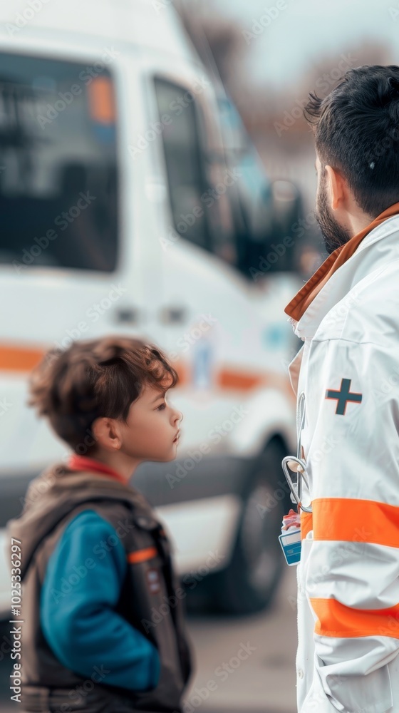 A man in a white coat stands next to a child A man in a white coat stands next to a child