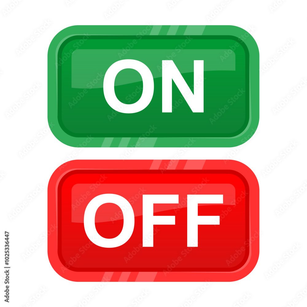 ON (Green) and OFF (Red) Flat Style Toggle Button Icon in Rectangular Shape, Isolated on White, Editable Scalable Vector EPS for UI/UX Design and Graphic Elements ON (Green) and OFF (Red) Flat Style Toggle Button Icon in Rectangular Shape, Isolated on White, Editable Scalable Vector EPS for UI/UX Design and Graphic Elements