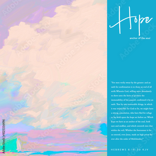 HOPE-ANCHOR OF THE SOUL w/Bible vs. Hebrews 6:16-20 kjv w/Digital Painting Illustration Sailboat Seascape in Iridescent Lavender, teal, & Blue w/Lithographic Modern Look w/Paint Texture-Christian Art photo