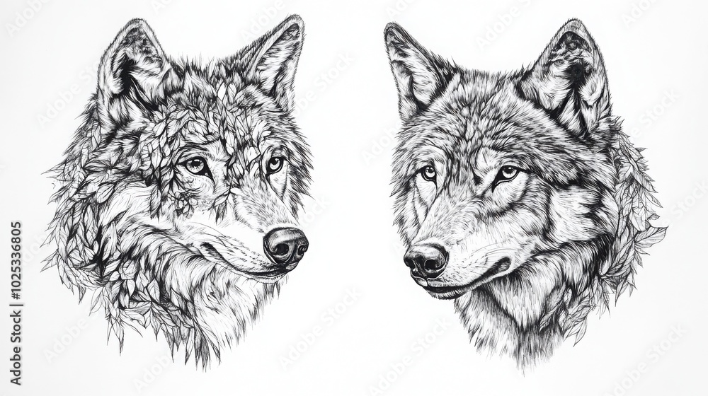 Two detailed pen and ink drawings of wolf heads, one with foliage around its neck, the other with its fur drawn in detail.